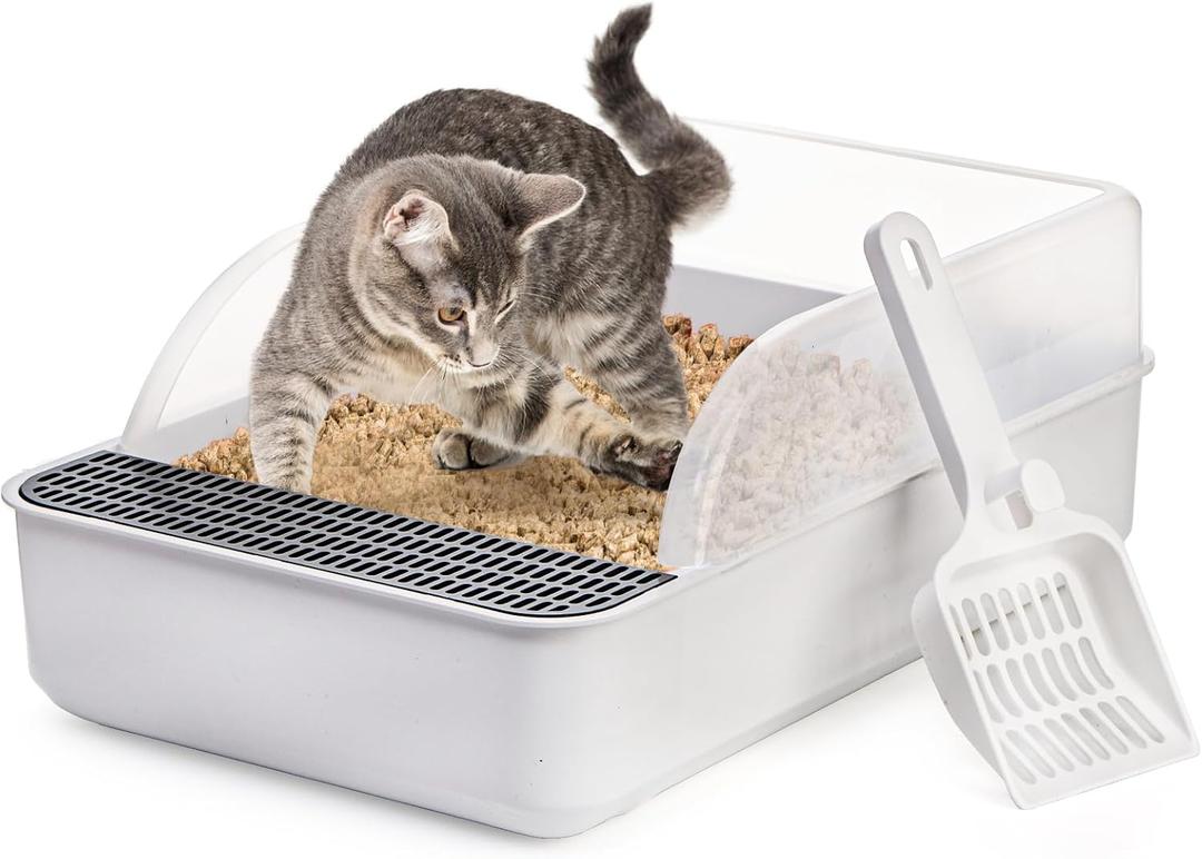 Lawei Open Top Cat Litter Box with High Side, AntiSplashing Cats Litter Pan with with Litter Sifting Scoop, SemiClosed Detachable Cat Cleaning Basin Kitten Toilet for Small Animal/Rabbit