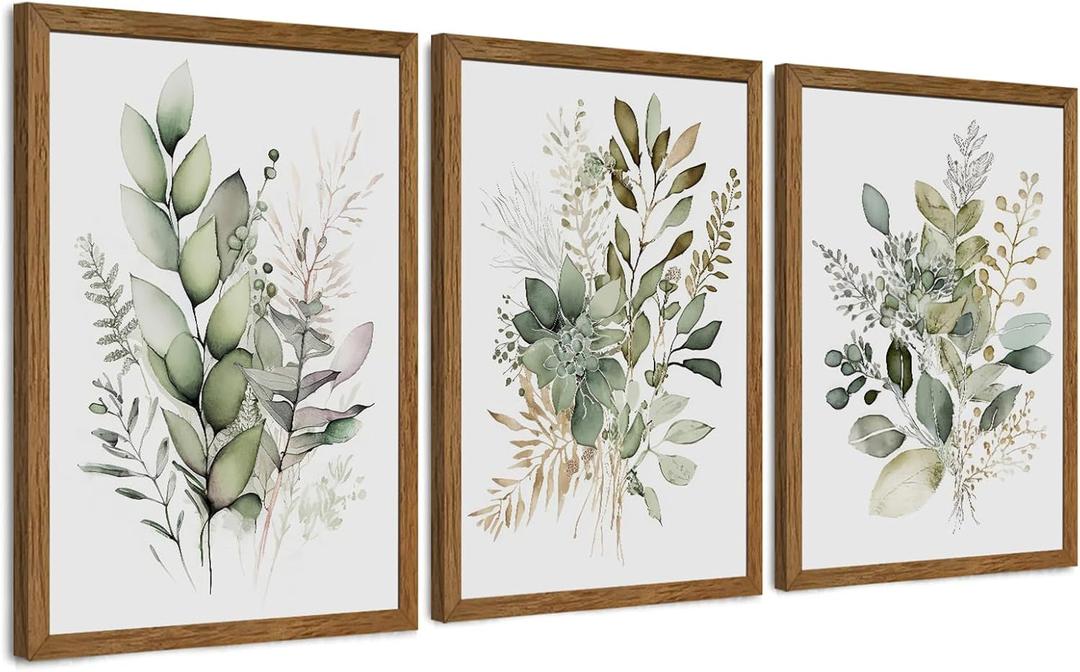 AVECCO Set of 3 Sage Green Wall Art, Watercolor Botanical Wall Decor, Wood Framed Leaf Modern Plant, Easy to Hang and Fade Resistant, Art Prints for Bedroom Living Room Home Office, 16x24 Inch