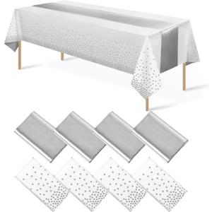 8Pack Disposable Plastic Tablecloths and Satin Table Runner Set White and Silver Dot Tablecloth Silver Satin Table Runner for Wedding Birthday Baby Shower Anniversary Christmas New Year Party Supplies