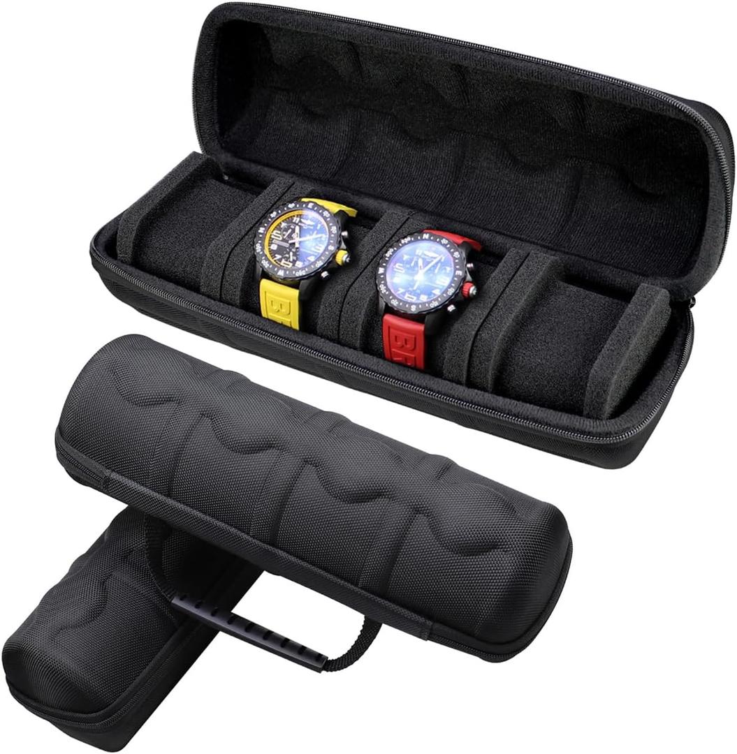 Vintage Watch Travel Case for Men Women, 4 Slots Hard Watch Carry Case Travel Watch Box With Soft Shockproof Pillow, Portable Travel Watch Roll for Wristwatches and Smart Watches Black
