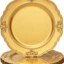 Spsyrine Gold Charger Plates, Set of 6 Scalloped Chargers for Dinner Plates, 13" Embossed Plastic Chargers for Wedding, Banquets, Party