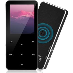 144GB MP3 Player - Music Player with Bluetooth 5.2 HiFi Sound Shuffle Single Loop FM Radio Built-in HD Speaker Voice Recorder Mini Design Ideal for Sport Earphones Included-Black-A5