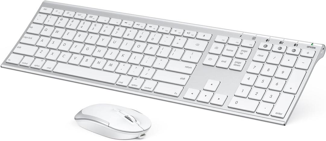 Bluetooth Keyboard Mouse for Mac, Ultra Slim Wireless Keyboard Mouse Combo for Mac, Multi-Device, Full Size, Rechargeable, for MacBook Pro, MacBook Air, iMac, iPad (White and Silver)