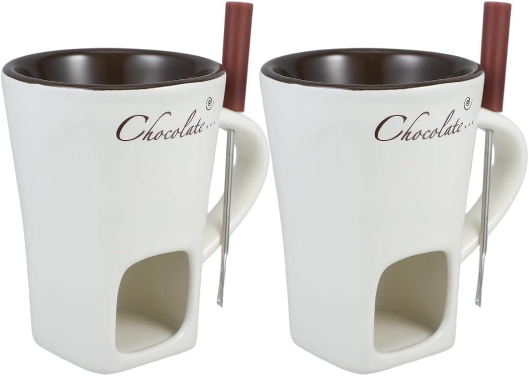 DECHOUS 2 Pack Fondue Pot Ceramic Chocolate Fondue Mug Set with 2 Forks Personal Fondue Mugs Melting Pot for Chocolate, Cheese, Butter, Suitable for Home Party Wedding