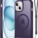 RMOCR for iPhone 15 Case & iPhone 14 Case with Screen Protector+Lanyard Wrist Strap,Magnetic Translucent Matte Rugged Slim Phone Cover Built in Invisible Kickstand Fit for MagSafe,Purple