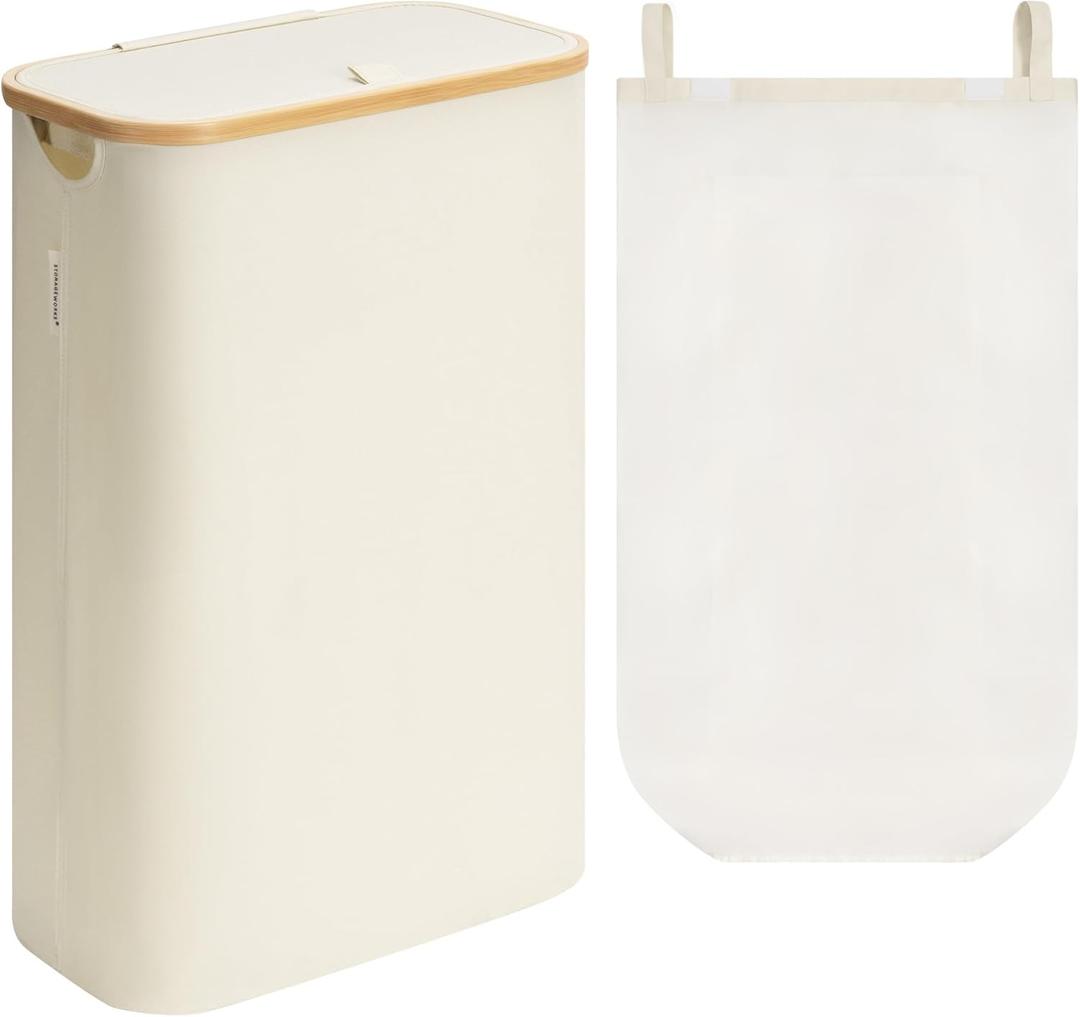 StorageWorks 60L Large Laundry Hamper with Lid, Tall Laundry Basket with Bamboo Handles and Removable Inner Bag, Collapsible Laundry Hamper for Clothing, Towels, Beige, 1-Pack