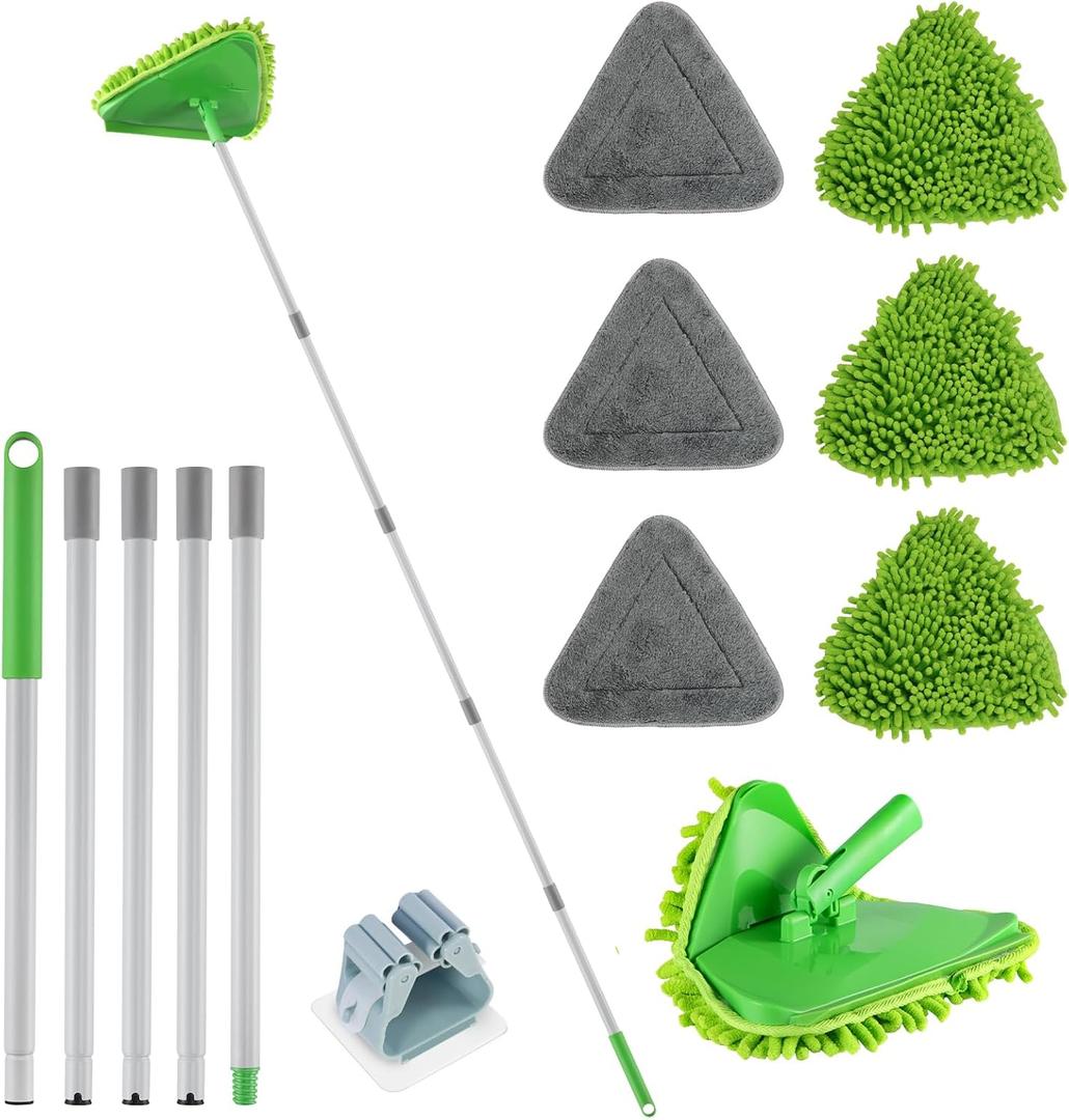 RONSUNG Wall Cleaner Triangle Mop with 82'' Long Handle - Wall Scrubber, Cleaning Washer Tool with 6 Pads for Clean Walls, Ceiling, Windows, Floors, Baseboards (Green)