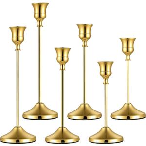 2 Sets 6 Pcs Gold Metal Taper Candle Holders, Candlestick Holders, 7cm Diameter Taper Candle Holder Bulk for Table Centerpieces Candlesticks for Ramadan Wedding Christmas Party Table Decor-23/19/16cm