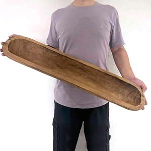 BEDAZE Wooden Dough Bowls Decorative，Rustic Bread Long Bowls Decor Wood Tray, Hand Carved for Table Centerpiece Decor, Home Decor(30 * 6 * 2 inch Brown)