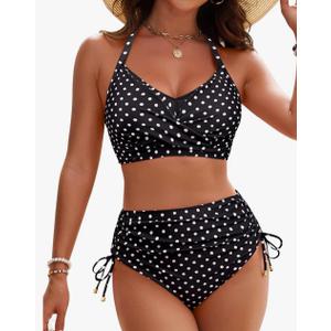 Blooming Jelly Womens High Waisted Bikini Sets Drawstring Tummy Control Swimsuits Crisscross Tie Back Bathing Suit, Large 
