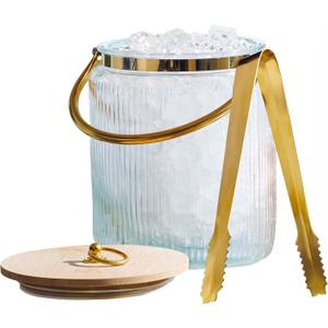 Glass Ice Bucket with Airtight Lid, Ice Tong Scooper and Handle - 3L Ribbed Beverage Tub Cocktail Home Bar Accessories, Wine, Beer - Chiller for Parties, Champagne Drink Tub Cooler with Hinged Handles