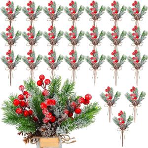 Dingion 24 Pcs Christmas Floral Pine Cones for Crafts Red Berry Stems Artificial Evergreen Pine Branches with Snowflakes Flocked Holly Christmas Holiday Floral Picks for DIY Xmas Tree Winter Decor