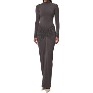JUMISEE Women's Sexy Ruched Long Sleeve Maxi Dress Elegant Turtleneck Bodycon Cocktail Party Dress Evening Dress Coffee XL