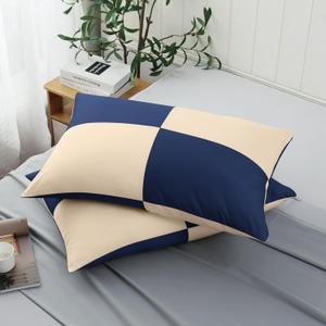 Two-Tone Pillow Cases Standard Size, 600 TC 100% Cotton Color-Block Pillowcases Set of 2, Breathable Soft Contrast Color Pillow Covers (Beige&Navy Blue)