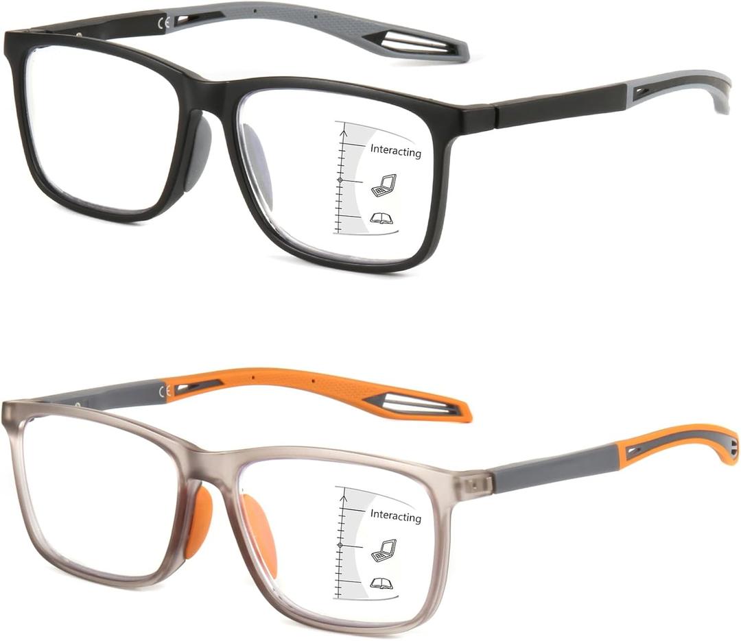 Missfive 2 Pack Upgraded Bend-Proof Multifocus Progressive Reading Glasses Men, TR90 Sporty Frame & Metal Spring Hinge, No-Line Multifocal Anti Blue/UV Near-Mid Range Readers, 3.5