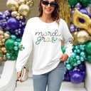 Womens Mardi Gras Shirt Stripes Fat Tuesday Tee Shirt Sequin New Orleans Carnival Party Long Sleeve Top (White, L)
