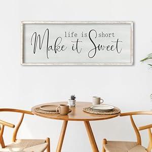 ZZJJHYWGQ Life is Short Make It Sweet Sign Wall Decor 32"×12" for Bedroom Family Inspirational Quote Large Wood Framed Wall Hanging Art (White)