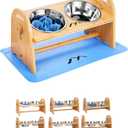 M1R4 Blue Elevated Dog Bowls Set, Adjustable Raised Dog Food Bowl Stand, 2 Stainless Steel Bowls, Silicone Waterproof Mat, Suction Slow Feeder, Durable Bamboo Stand, for Small/Medium Dogs and Cats