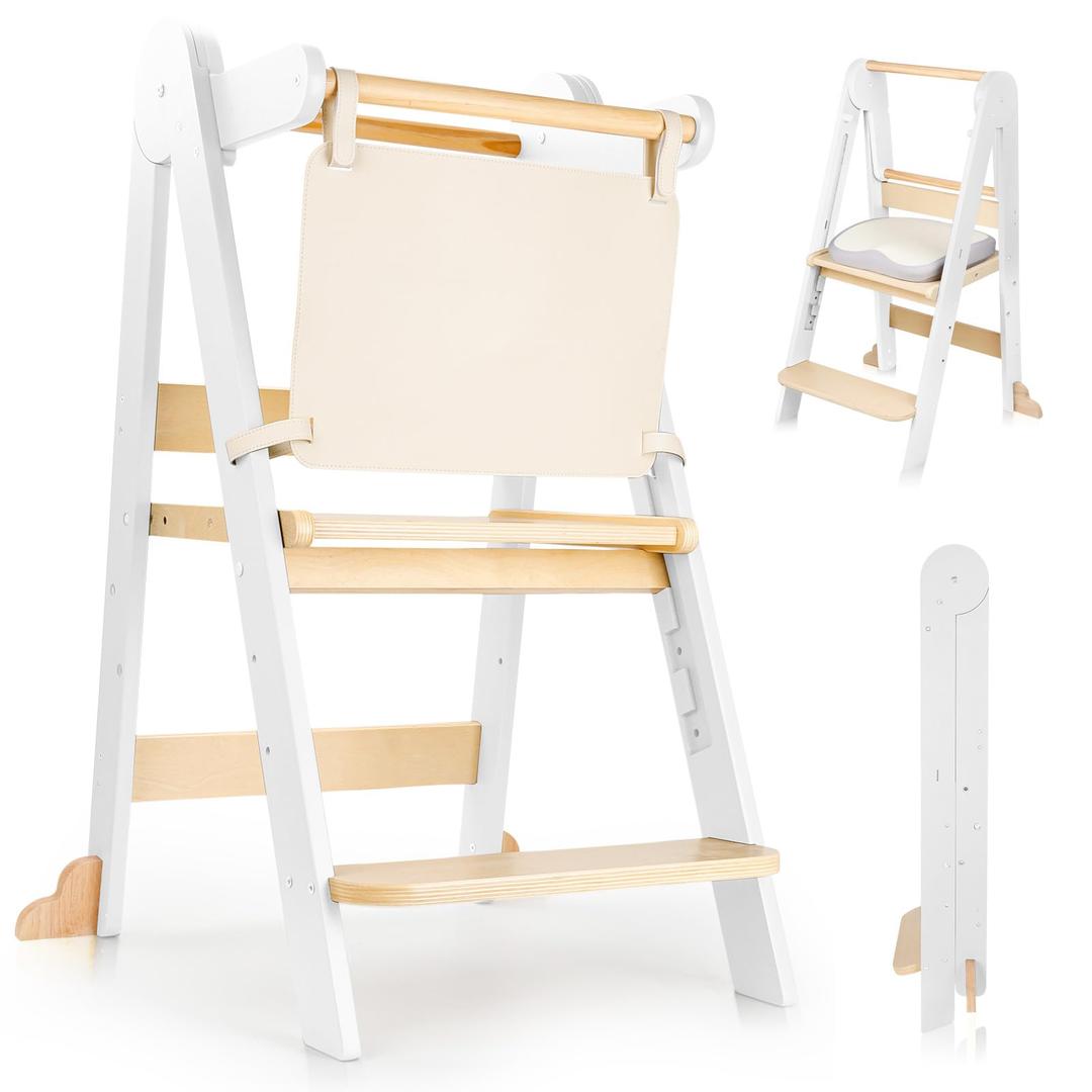 Toddler Learning Tower, Foldable Height Adjustable Wooden Kids Step Stool