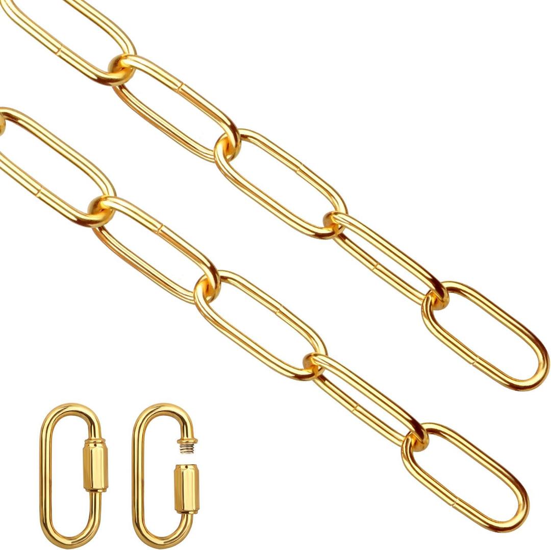 Helunsi Lighting Chain, 6 Feet Bright Gold Light Fixture Chain, Metal Chandelier Chain Extension with Connection Link Lock, Heavy Duty Hanging Lamp Fixture Pendant Ceiling Decorative Lights Kit - 6'