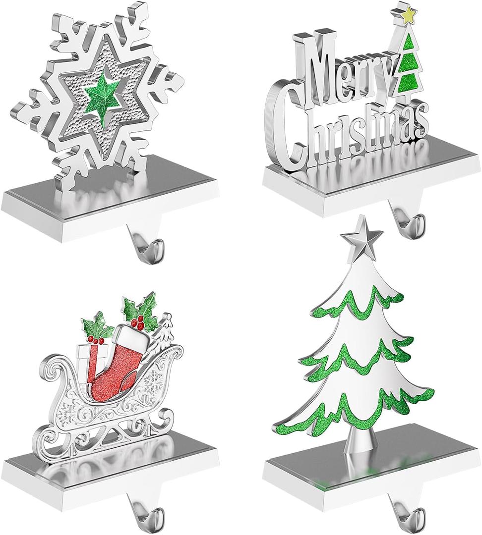 Christmas Stocking Holders for Mantle Weighted Metal Stocking Hangers Hooks for Fireplace Christmas Decorations (Set of 4)