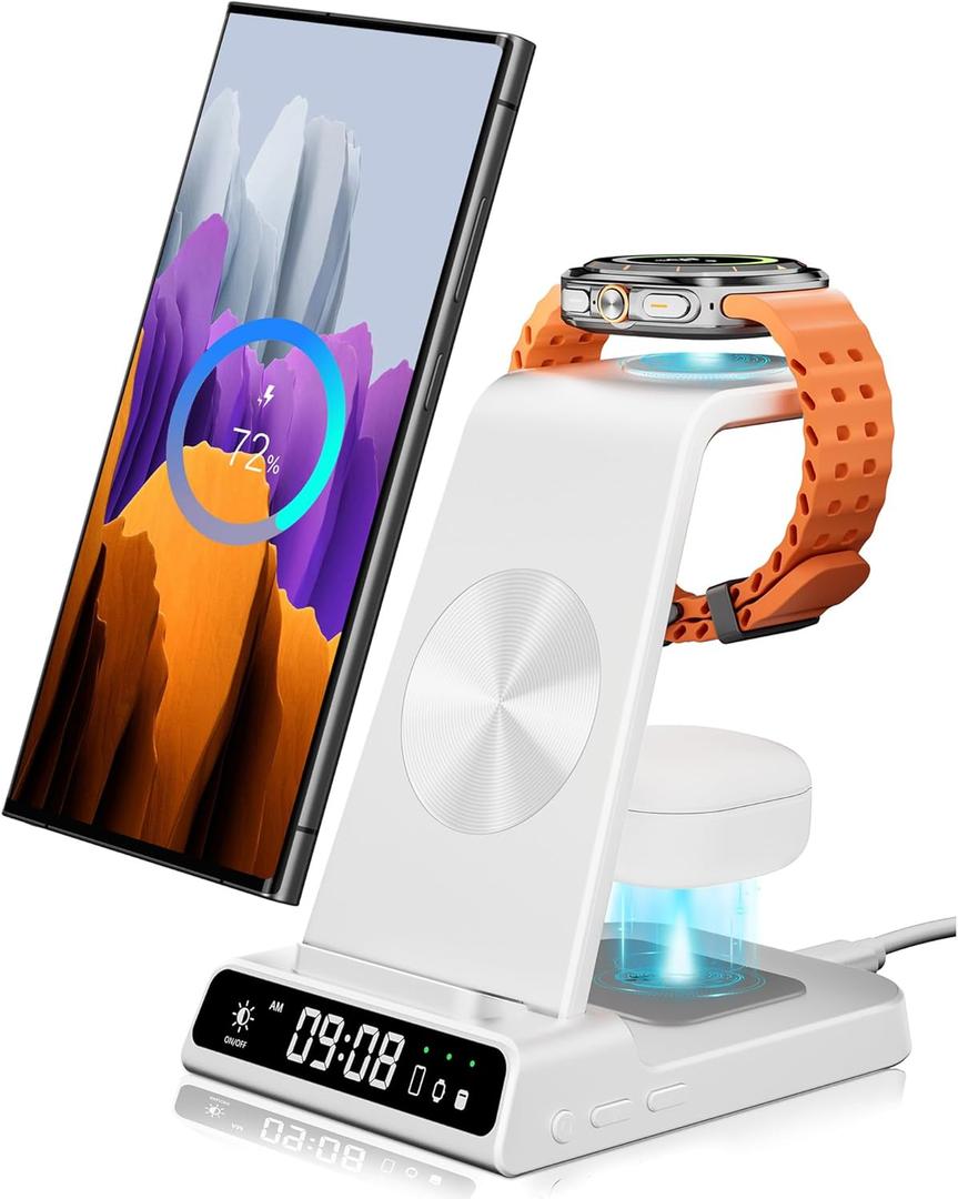 Wireless Charger for Samsung Devices, Charging Station for S25 Ultra/S25+/S25/S24 Ultra/Z Fold/Z Flip/S23/S22/S21, Galaxy Watch7/Ultra/6/6 Classic/5 Pro/5/4, Buds2 Pro (White)