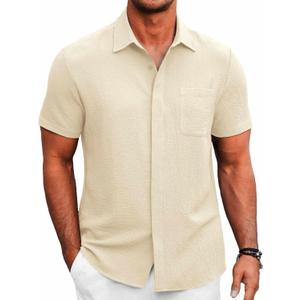 COOFANDY Men's Casual Shirt Short Sleeve Button Down Summer Beach Textured Shirt (Beige, XXL)