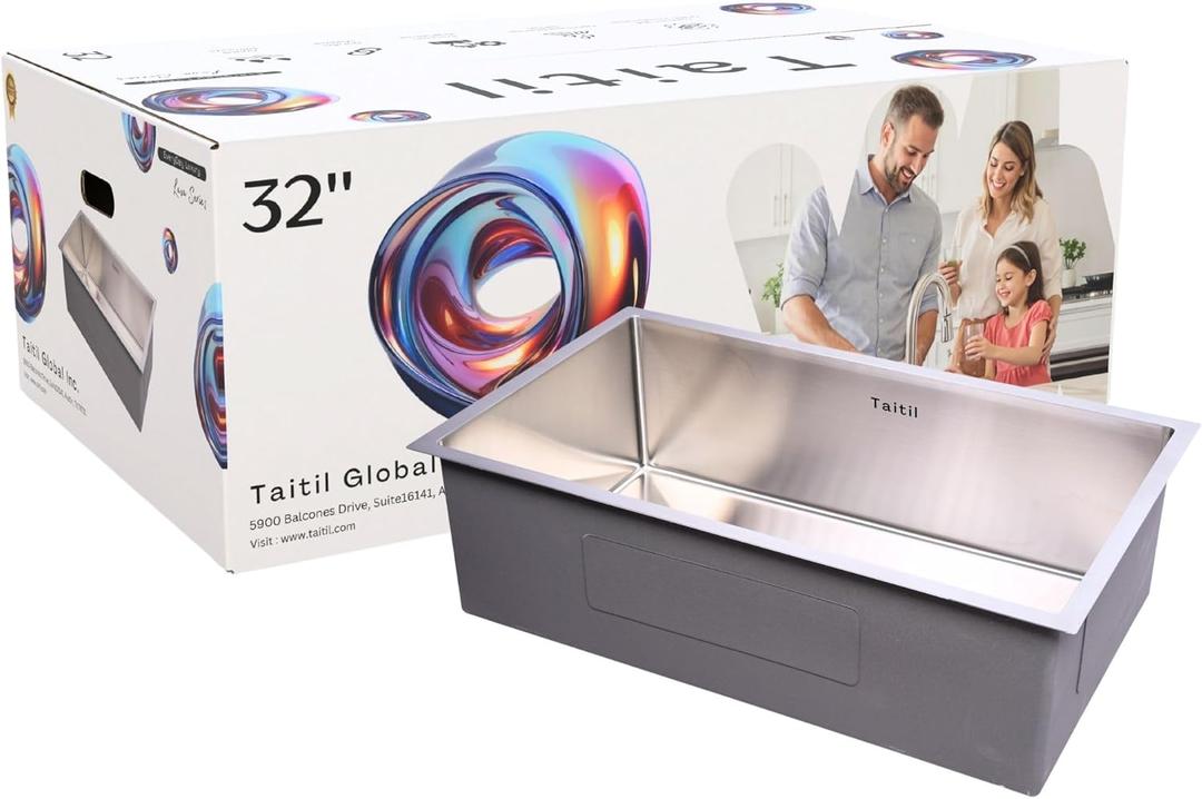 32"x19" Undermount Modern Kitchen Workstation Sink Stainless Steel Single Bowl R10 Radius Corners 16 Gauge, Drain Strainer, Anti-Scratch Standard Fit Cabinet & Remodel Sink Basin Dishwasher