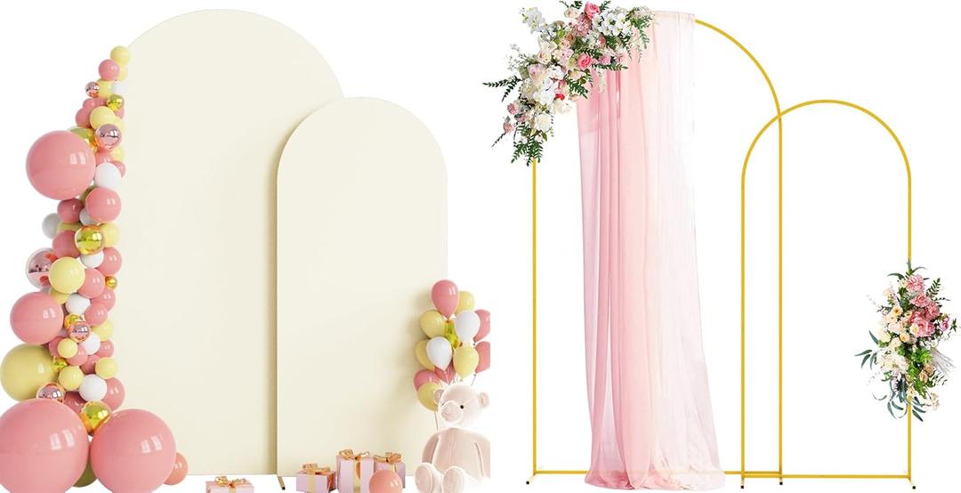 Wokceer Wedding Arch Backdrop Stand and Cover Set of 2 Metal Arch Stand with Arch Cover Ivory 7.2FT, 6FT for Birthday Party Wedding Ceremony Bridal Baby Shower Event Decor