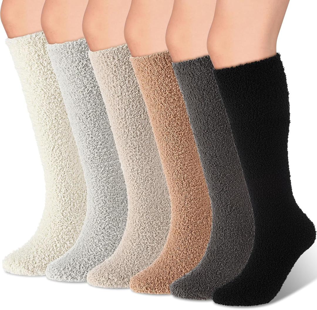 Geyoga 6 Pairs Knee High Cozy Fuzzy Socks for Women Soft Warm Long Plush Winter Long Socks for Christmas Winter Gifts (Classic Color)