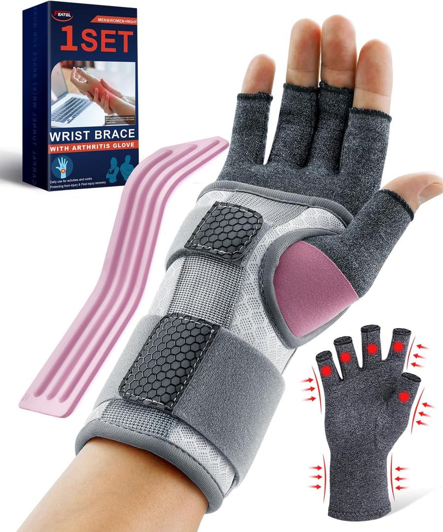 FEATOL Compression Arthritis Glove with Wrist Brace, Comfortable Fingerless Carpal Tunnel Hand Gloves for Women Night Support, Pain Relief for Rheumatoid Arthritis, Work, Typing - Right Hand, Small