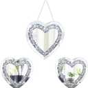 Qunclay 3 Pcs Crystal Crush Diamond Silver Mirror, 12 and 8 Inches Modern Shaped Wall Hang Decorations Glass Diamond Mirror for Bathroom Living Room (Heart Shape)