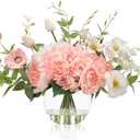 WELL KNOWN Artificial Flowers in Vase, Fake Silk Peony Tulip Hydrangea Pink & White Flower Bouquet Arrangement with Faux Water Centerpieces for Home Wedding Dining Table Party Decor & Gift for Women