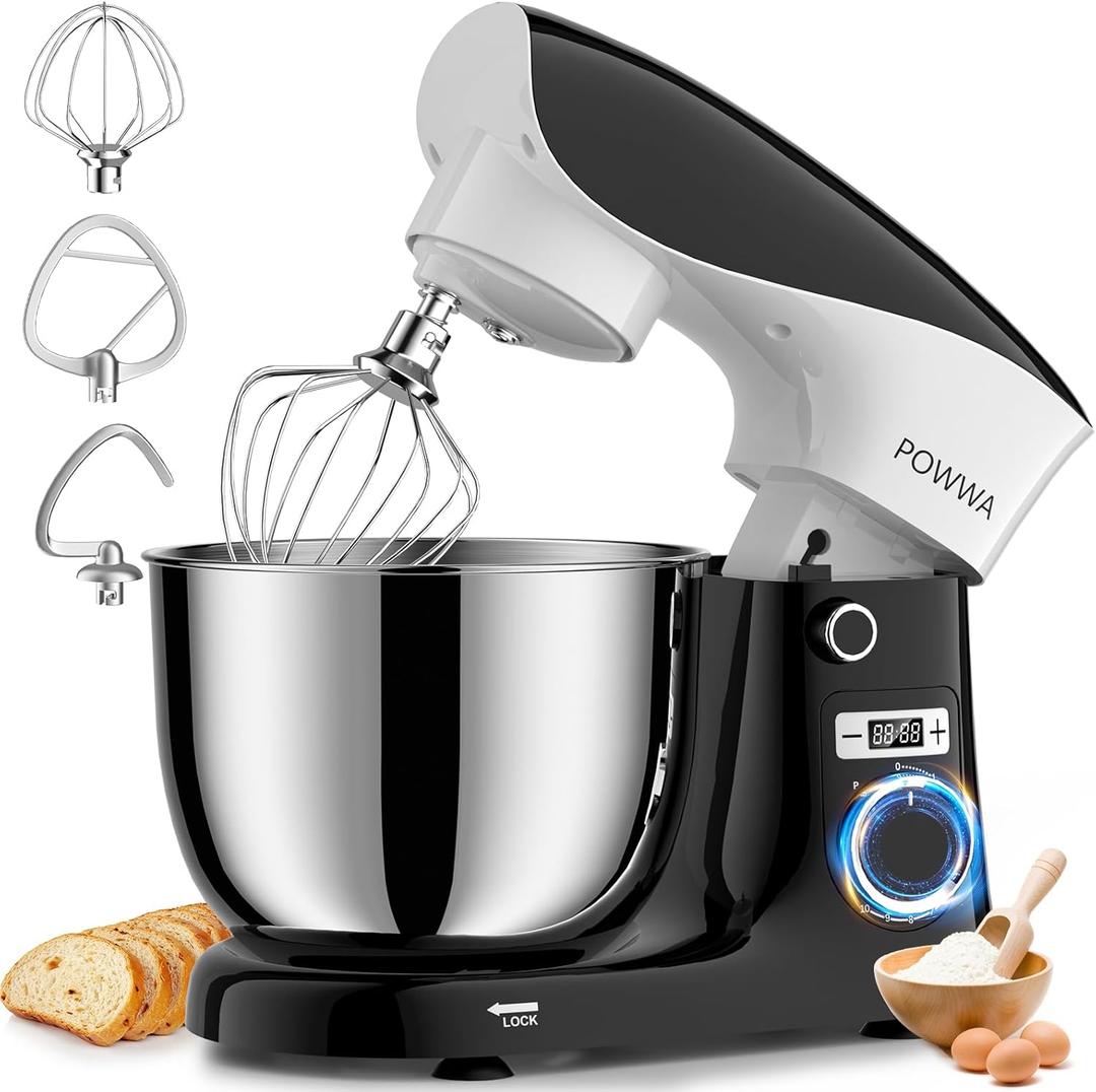 POWWA Stand Mixer, 6.5QT 10 Speeds Tilt-Head Electric Stand Mixer, 3-In-1 Kitchen Mixer with Bowl, Dough Hook, Whisk and Beater, Food Mixer for Baking and Daily Use (BLACK WHITE)