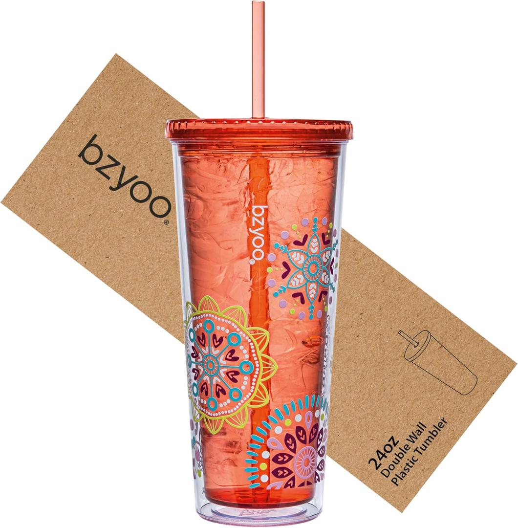 bzyoo SIP 24oz (710ml) Double Wall Plastic Tumbler with Lid and Straw Cold Drink Travel Mug Reusable Party Cup Perfect for Ice Coffee, Tea Office Poolside Parties Gifts Color: Medallion Orange