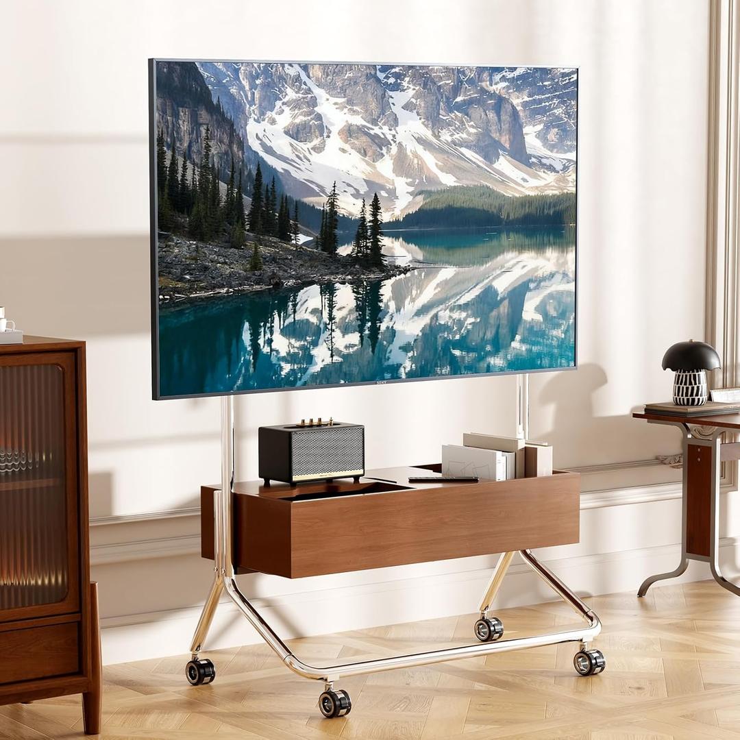 Solid Wood Mobile TV Cart Rolling TV Stand with Wheels for 42-75 Inch LCD LED Flat Curved Screens up to 180 Lbs, Heavy Duty Portable Floor Stainless Steel Mobile TV Stand (Walnut, 42-75inch)