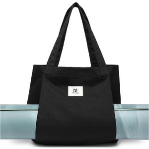 Moyaqi Canvas Tote Bag with Yoga Mat Carrier Pocket Carryall Shoulder Bag for Office, Workout, Pilates, Travel, Beach and Gym (Black)
