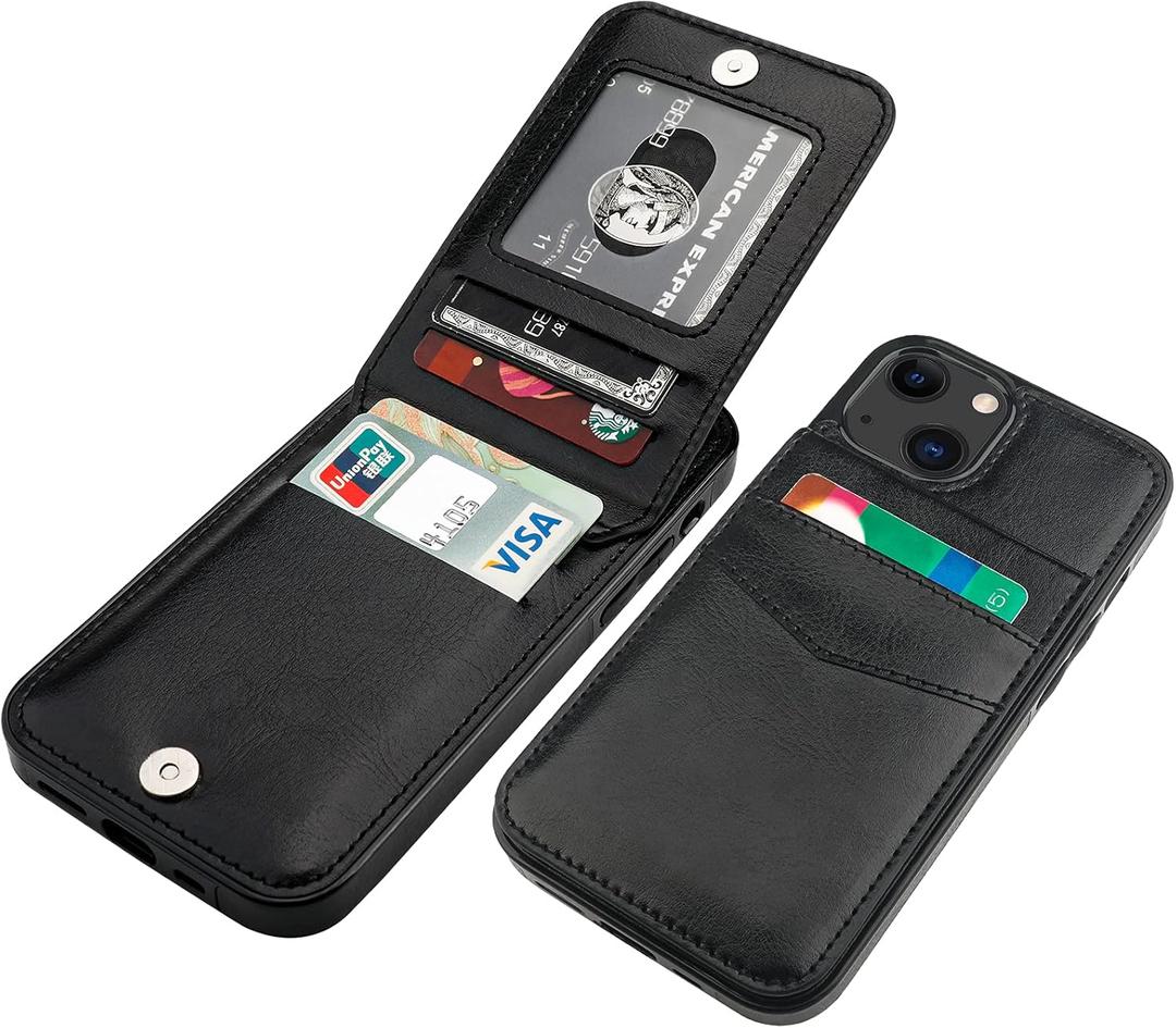 KIHUWEY Compatible with iPhone 13 Case Wallet with Credit Card Holder, Premium Leather Magnetic Clasp Kickstand Heavy Duty Protective Cover for iPhone 13 6.1 inch(Black)