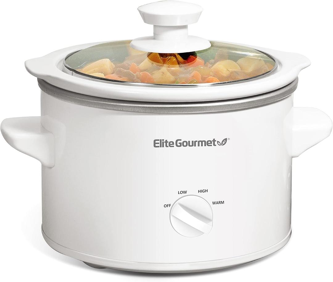 Elite Gourmet MST-250XW Electric Slow Cooker Ceramic Pot Adjustable Temp, Entrees, Sauces, Stews & Dips, Dishwasher Safe Glass Lid & Crock (1.5 Quart, White)