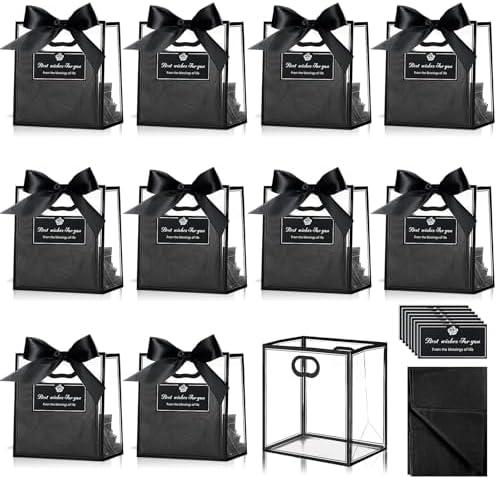 Tenare 7 Pack 4×2.8×4.5 Inch Mini Clear Plastic Gift Bags with Handles Valentines Extra Small Transparent Party Favor Bags Bulk with Ribbon Tissue Paper for Wedding Party Supplies(Black)