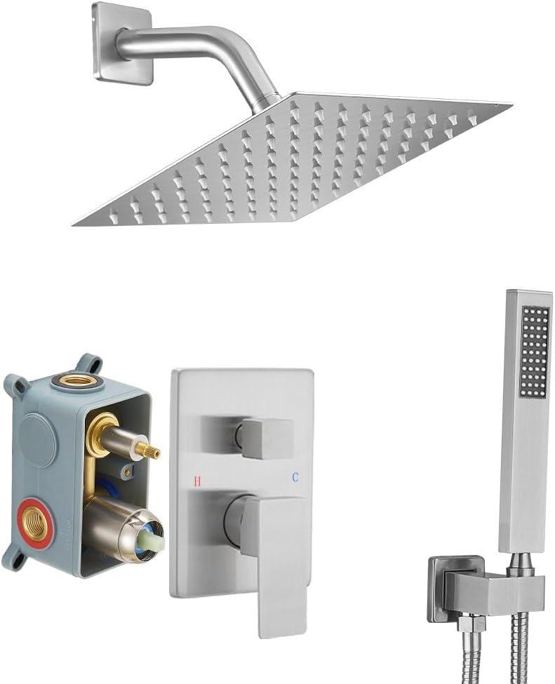 Shower System Brushed Nickel Bathroom Rainfall Shower Faucet Set Complete Wall Mounted 8 Inch Shower Head and Handle Set with Rough-in Valve Body and Trim Kit (8 Inch, Brushed Nickel)