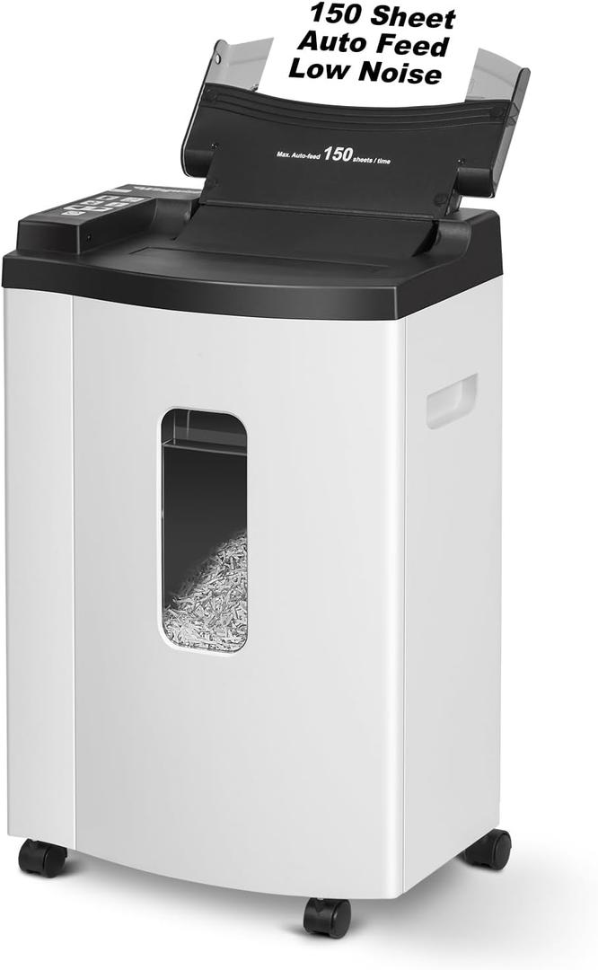 150 Sheet Auto-Feed Micro Cut Paper Shredder for Home Office Use, P-5 Super High Security (5/64 x 19/32 inches), Large 6-Gallon Bin, 20-Min Continuous Run, 55dB Ultra-Quiet, White
