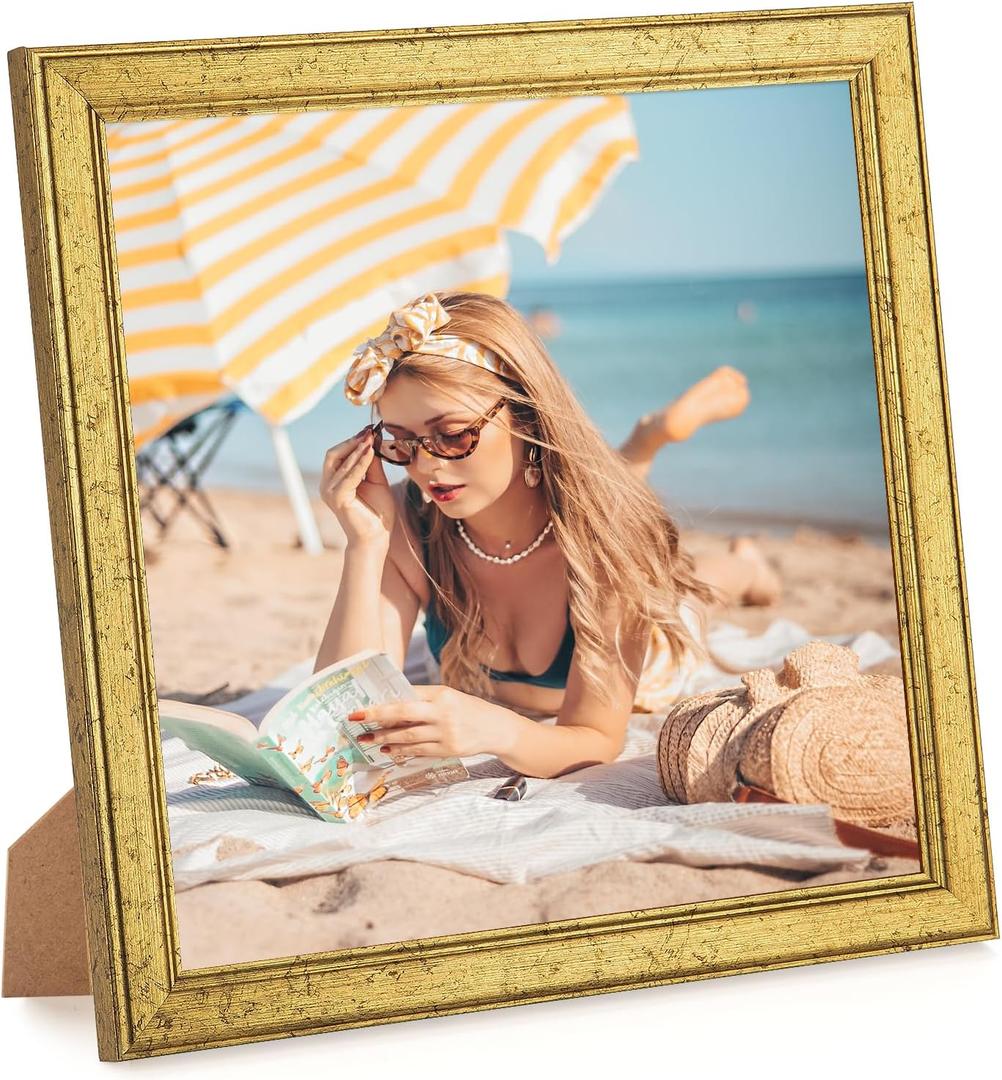 Wood 7x7 Frame Gold, Ornate Natural Wooden 7x7in Picture Frames, Modern Golden 7 x 7inch Gallery Photo Pic Frame with HD Plexiglass, Horizontal Vertical Wall Mounting Tabletop Display 1Pcs