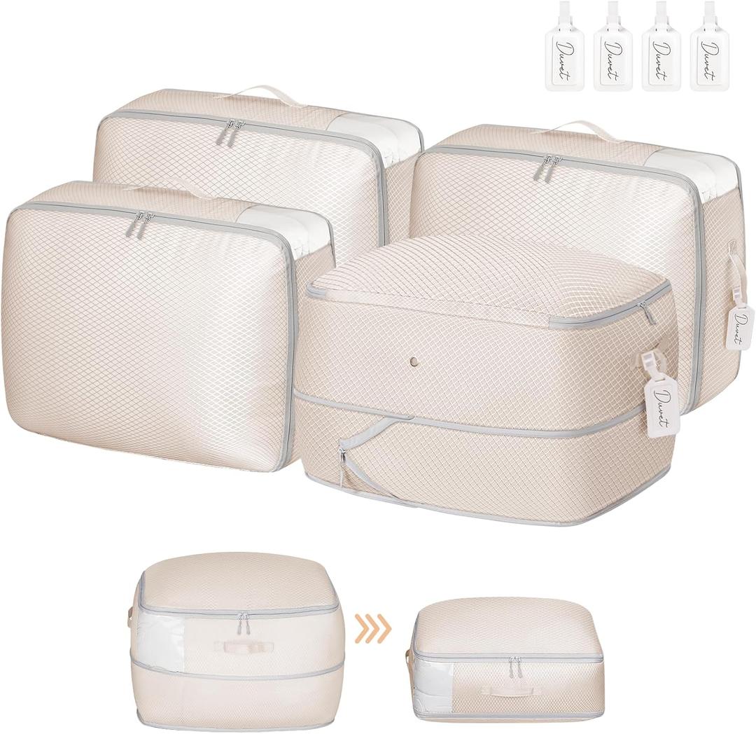 DIMJ Comforter Storage Bag - Ultra Space Saving Self Compression Organize for Duvet, Pillow, Bedding, Blanket Storage Organizer Nylon Compression Bags Large Capacity, Sheet Storage with Zipper, 4 Pack (Beige)