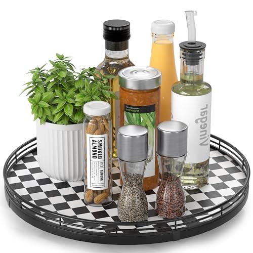 Black and White Kitchen Lazy Susan Turntable – Checkered Round Decorative Tray, 13” Table Top Oak Wood Lazy Susan for Cookies, Dining Table Organizer, Small Kitchen Table Centerpiece