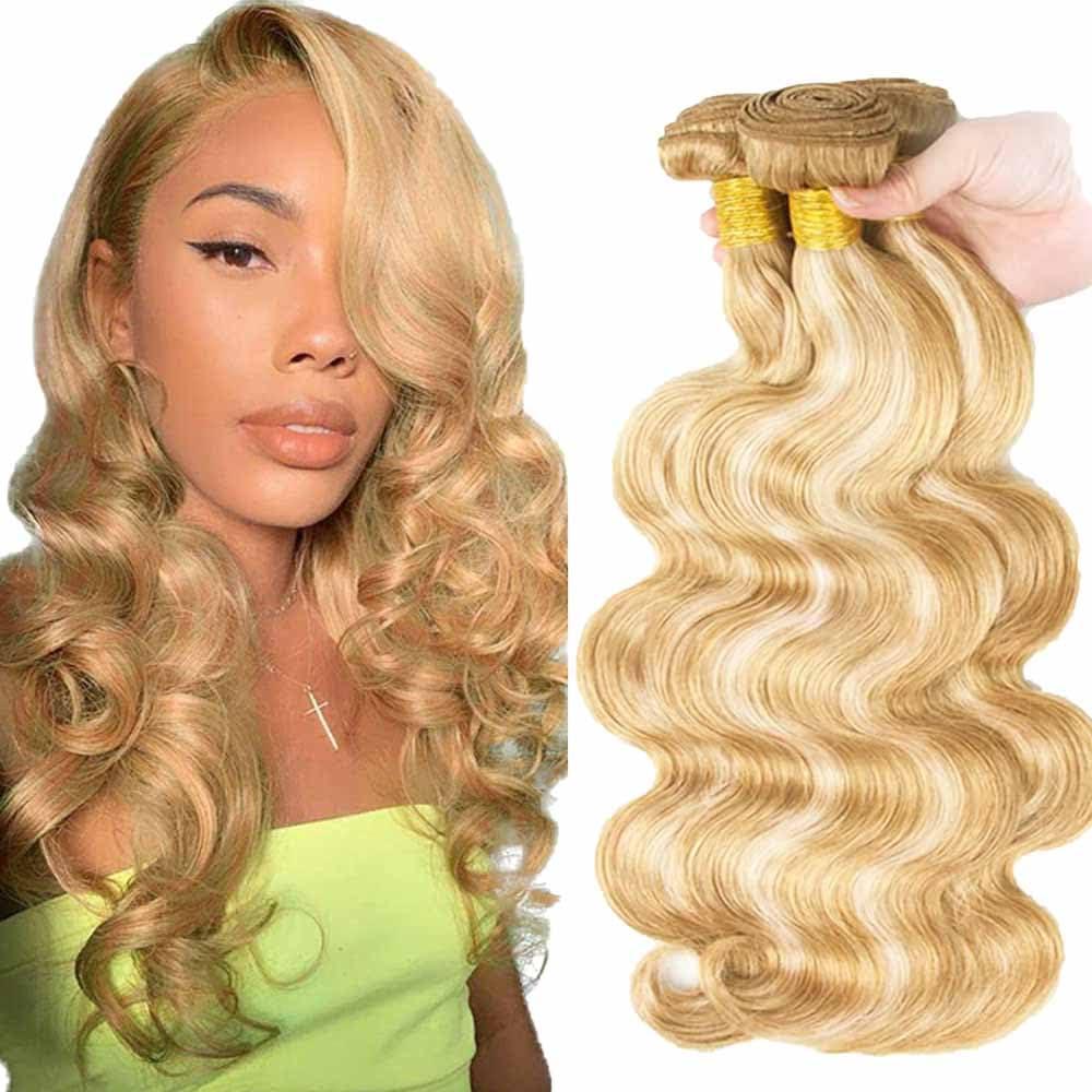 Highlight Blonde Human Hair Bundles Body Wave 26 28 30 Inch P27/613 Bundles Human Hair 3 Bundle Honey Blonde 300g Total Unprocessed Brazilian Virgin Soft Sewn In Extension for Black Women