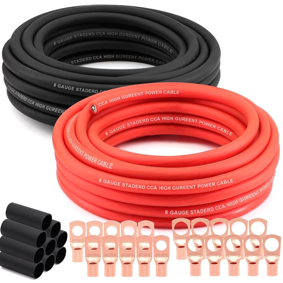 8 Gauge Wire (25ft Each - Red/Black) Copper Clad Aluminum CCA - Primary Automotive Wire,Car Amplifier Power & Ground Cable, 20PCS Lugs Terminal Connectors,20PCS 2:1 Heat Shrink Tubing (50FT)