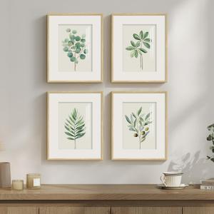 Framed Sage Green Botanical Wall for Kitchen, 4 Piece Minimalist Modern Farmhouse Plant Artwork for Walls, Boho Green Leaf Picture Prints for Kitchen Bathroom Bedroom Living Room Decor, 8x10 Inch, 8" W x 10" H x 4 pcs