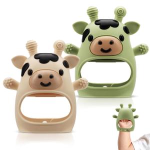 2 Packs Baby Teething Toys for 0-6 6-12 Months, Food Grade Silicone Adjustable Cow Teething Mitten, Chew Teether Toys for Teething Pain Relief, Baby and New Born Essentials, Green & Beige