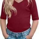 Toddler Girls Ribbed V Neck Tee | Soft Cotton Fabric, Ribbed Texture, Slim Cut, Elbow Length Sleeves, Summer Daycare And Play